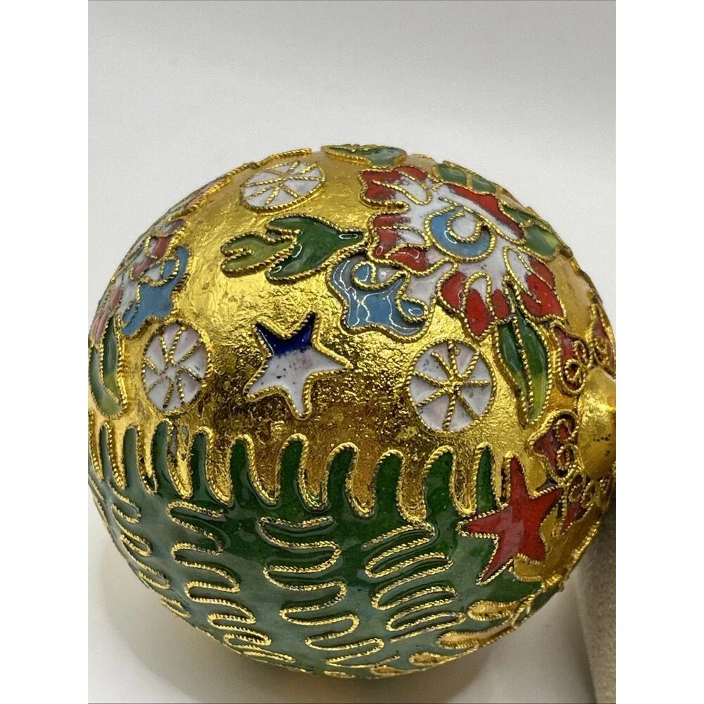 Cloisonne Gold Christmas Tree Ornament with Red Ribbon - Excellent Condition